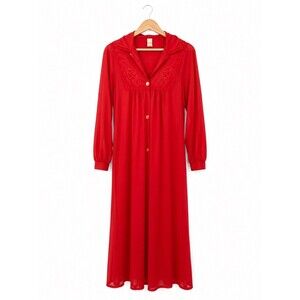 Vintage Montgomery Ward Red Nylon Housecoat Robe Maxi Lounge Gown Size Small